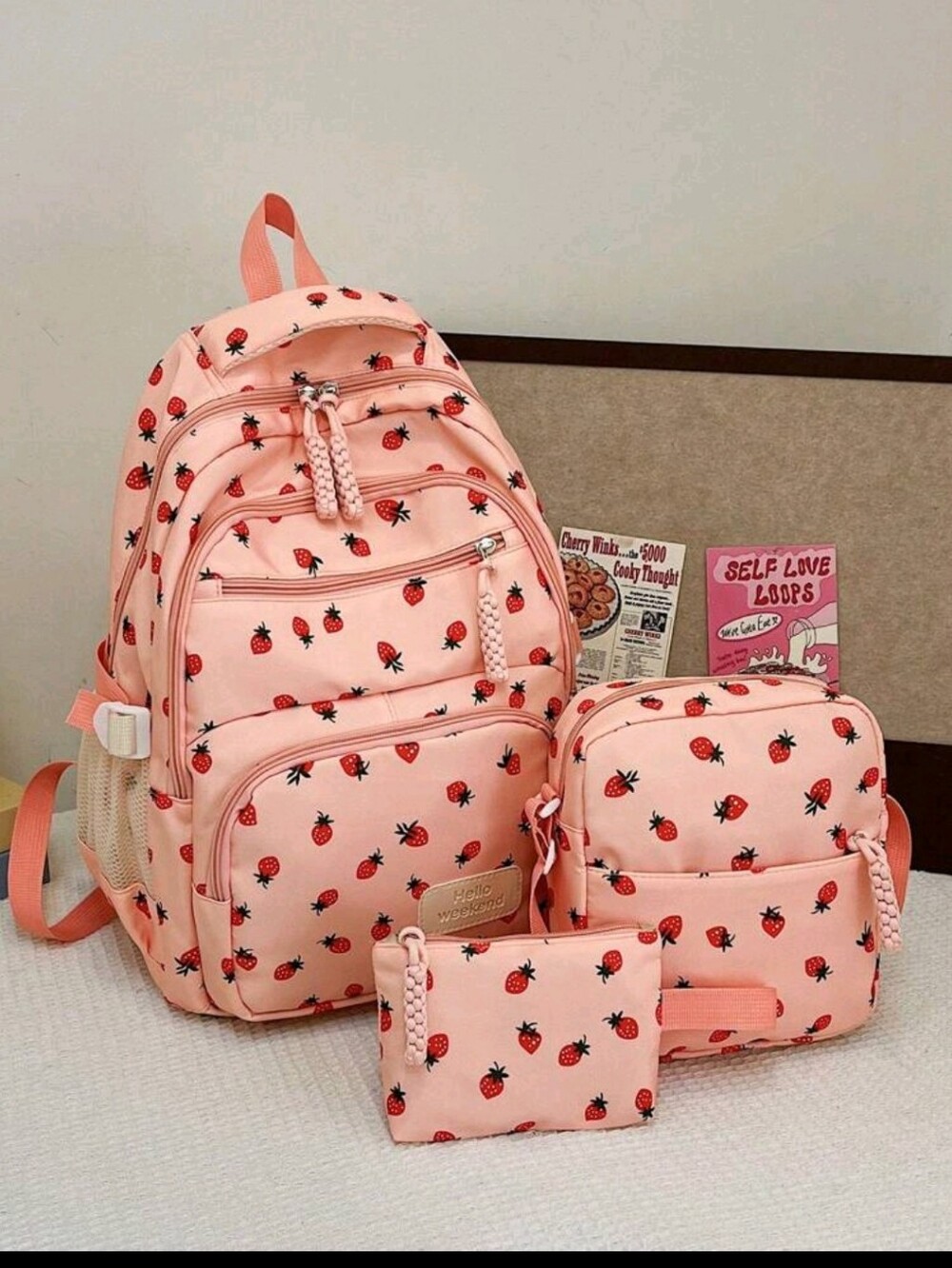 Peach Pink Strawberry Print Backpack Set for Women